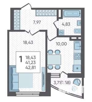 1-к квартира, вторичка, 43м2, 11/19 этаж