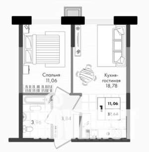 1-к квартира, вторичка, 38м2, 7/9 этаж
