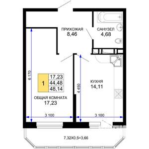 1-к квартира, вторичка, 48м2, 2/19 этаж