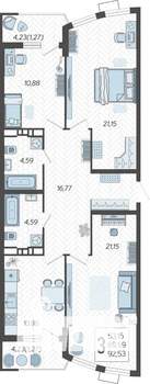 3-к квартира, строящийся дом, 93м2, 5/21 этаж