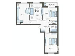 3-к квартира, вторичка, 74м2, 6/19 этаж