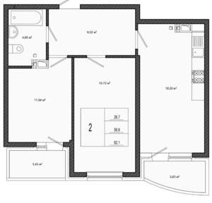 2-к квартира, вторичка, 62м2, 14/19 этаж