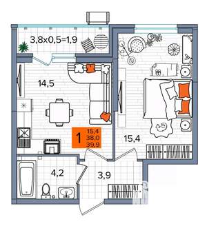 1-к квартира, сданный дом, 40м2, 2/16 этаж