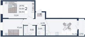 2-к квартира, вторичка, 58м2, 2/18 этаж