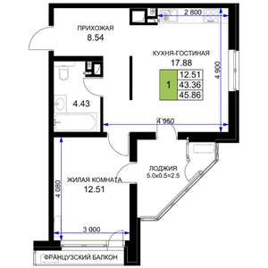 1-к квартира, вторичка, 46м2, 14/16 этаж