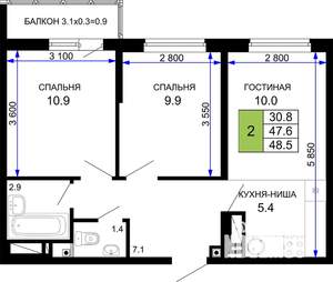 2-к квартира, строящийся дом, 49м2, 22/24 этаж