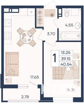 1-к квартира, вторичка, 41м2, 6/18 этаж