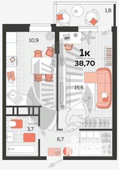 1-к квартира, вторичка, 39м2, 17/24 этаж