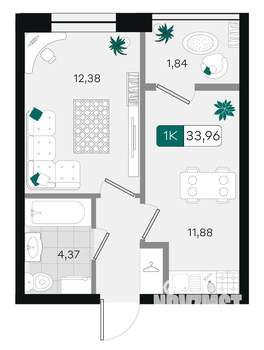 1-к квартира, вторичка, 34м2, 2/9 этаж