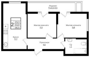 2-к квартира, вторичка, 57м2, 1/9 этаж