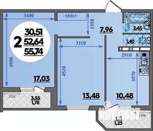 2-к квартира, строящийся дом, 56м2, 1/16 этаж