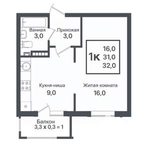 1-к квартира, вторичка, 32м2, 1/3 этаж