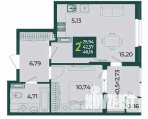 2-к квартира, вторичка, 46м2, 15/18 этаж
