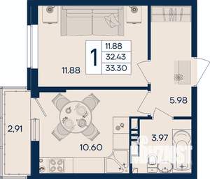 1-к квартира, вторичка, 33м2, 3/18 этаж
