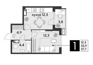 1-к квартира, строящийся дом, 38м2, 18/9 этаж