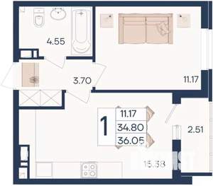 1-к квартира, вторичка, 36м2, 5/18 этаж