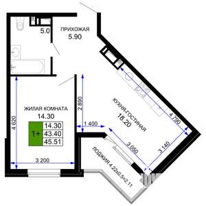 1-к квартира, вторичка, 46м2, 3/12 этаж