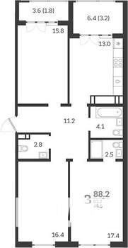3-к квартира, вторичка, 88м2, 24/24 этаж