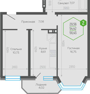 2-к квартира, вторичка, 56м2, 8/19 этаж