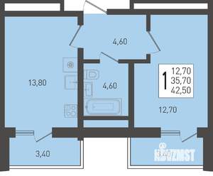 1-к квартира, строящийся дом, 43м2, 21/24 этаж