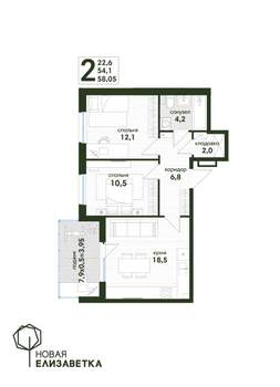 2-к квартира, строящийся дом, 58м2, 1/4 этаж