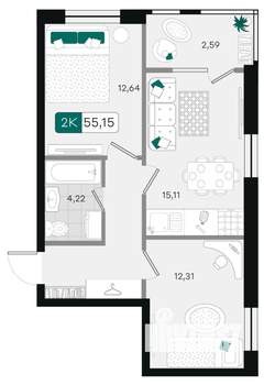 2-к квартира, вторичка, 55м2, 9/9 этаж