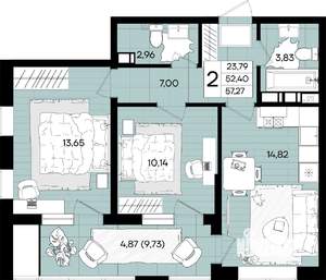 2-к квартира, вторичка, 57м2, 5/18 этаж