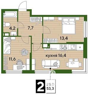 2-к квартира, сданный дом, 53м2, 14/16 этаж