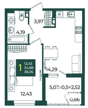 1-к квартира, вторичка, 38м2, 8/18 этаж