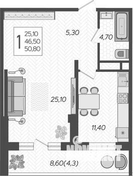 1-к квартира, вторичка, 51м2, 14/16 этаж