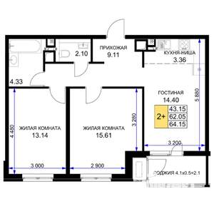2-к квартира, вторичка, 64м2, 8/16 этаж