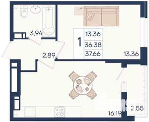 1-к квартира, вторичка, 38м2, 8/18 этаж