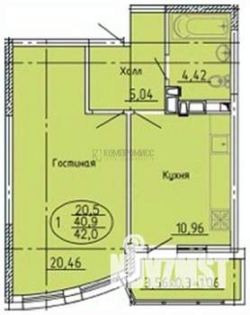 1-к квартира, вторичка, 42м2, 3/20 этаж