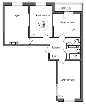 3-к квартира, вторичка, 74м2, 13/16 этаж