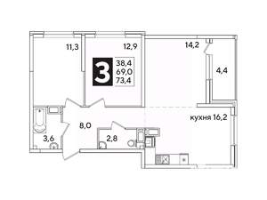 3-к квартира, вторичка, 73м2, 12/16 этаж