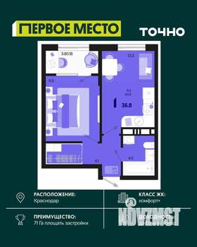 1-к квартира, вторичка, 37м2, 9/18 этаж