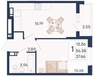 1-к квартира, вторичка, 38м2, 3/18 этаж