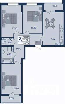 3-к квартира, вторичка, 74м2, 8/18 этаж