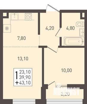 1-к квартира, строящийся дом, 43м2, 1/8 этаж