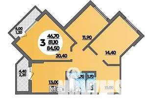 3-к квартира, сданный дом, 85м2, 2/22 этаж
