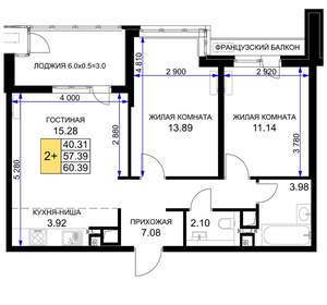 2-к квартира, вторичка, 60м2, 15/16 этаж