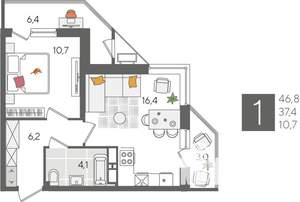 1-к квартира, строящийся дом, 47м2, 16/24 этаж
