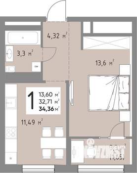 1-к квартира, вторичка, 34м2, 8/15 этаж