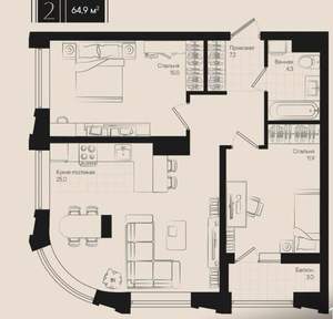 2-к квартира, вторичка, 65м2, 8/9 этаж