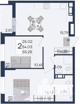 2-к квартира, вторичка, 55м2, 14/18 этаж