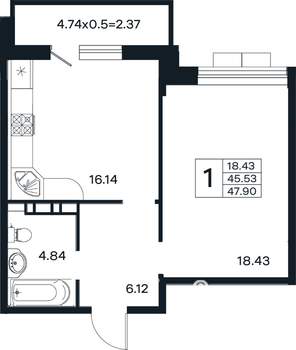 1-к квартира, вторичка, 48м2, 11/12 этаж