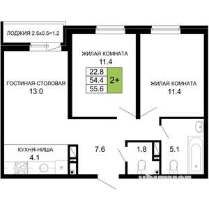 2-к квартира, строящийся дом, 56м2, 15/16 этаж