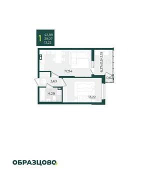 1-к квартира, вторичка, 43м2, 12/21 этаж