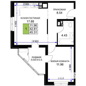 1-к квартира, строящийся дом, 45м2, 12/16 этаж