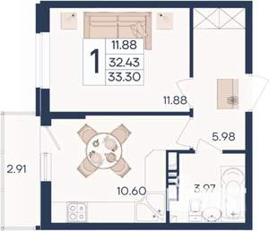 1-к квартира, вторичка, 33м2, 5/18 этаж